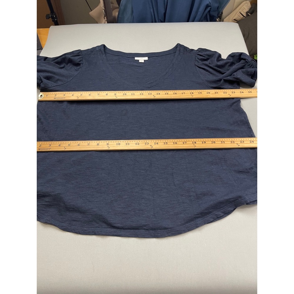 J. Jill Womens Navy Blue Slub Knit V-Neck Puff Sleeve Top XL 291451 - Picture 5 of 9